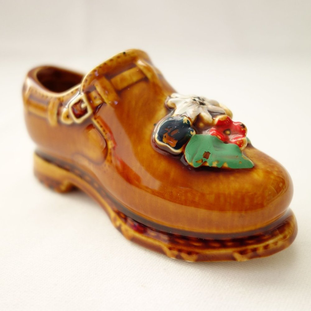 Vintage Miniature High Glaze Ceramic Brown Shoe‎ w/ Flowers